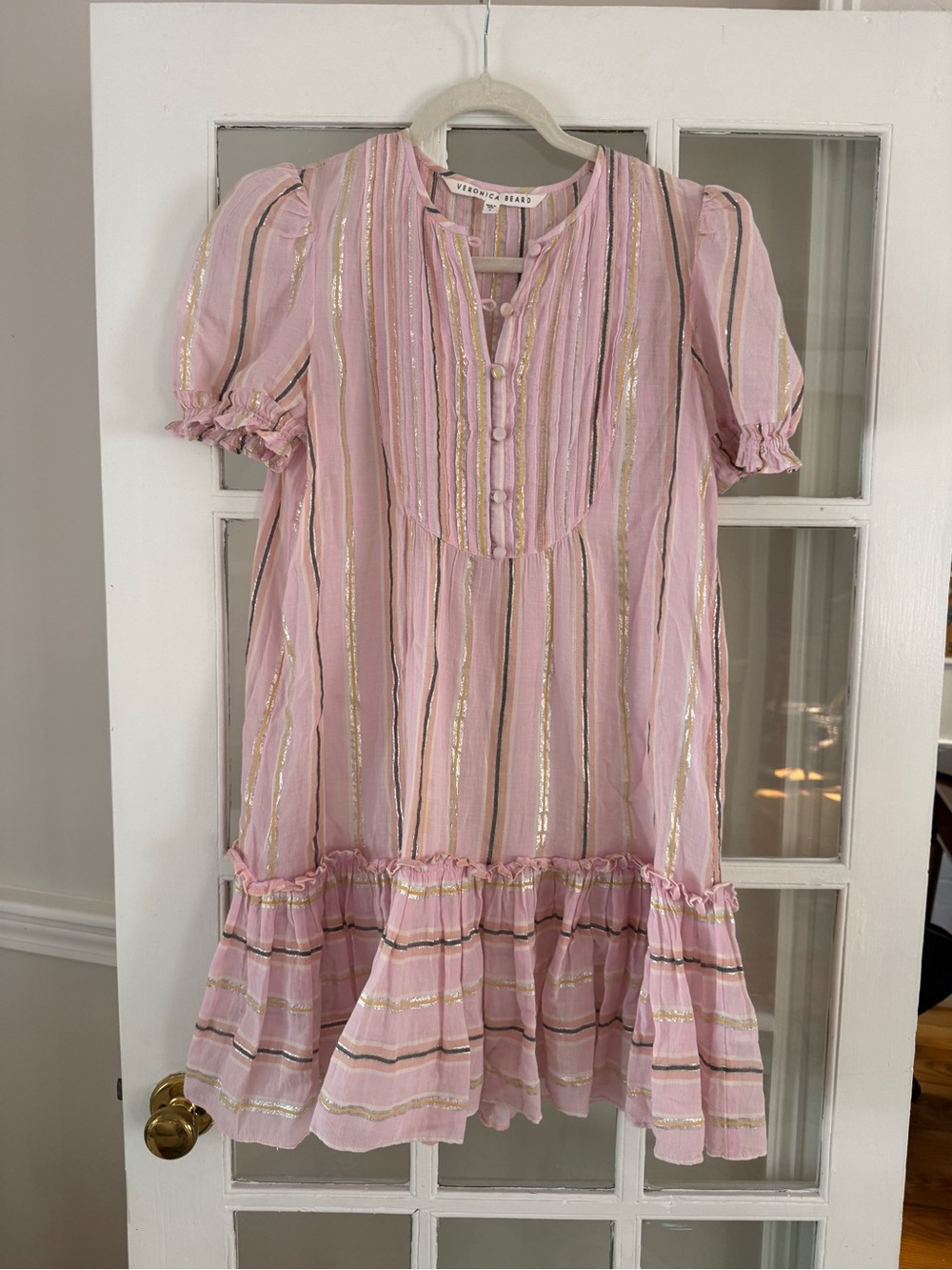 Veronica Beard Pink Metallic-Trim Striped Ruffle Dress